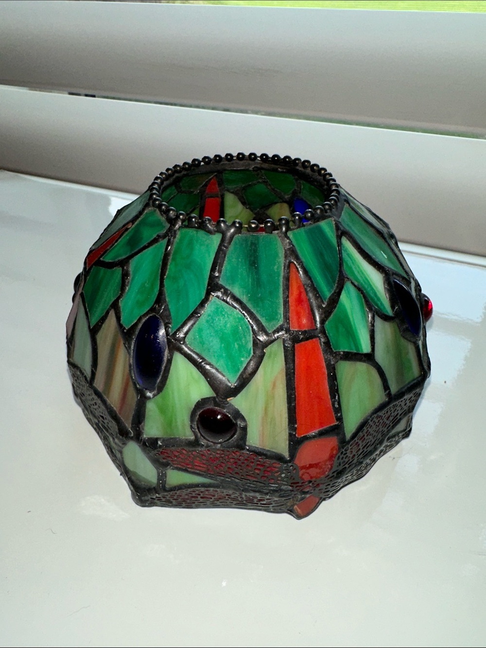 Stained Glass Mosaic Dragon Fly - Green & Red Small Lampshade 5.5” diameter